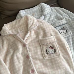 <span class=keywords><strong>Pijama</strong></span> de Franela a Cuadros de Vellón Coral para Mujer, Conjunto Cálido y Grueso de Felpa para Estudiantes, Ideal para Invierno - Product Image 4
