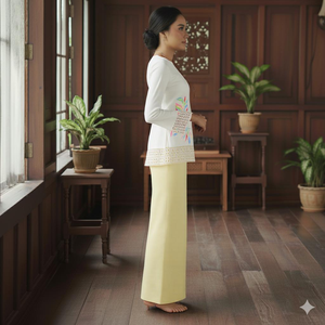 ชุดเดรสยาวลายเรขาคณิตปักลายแบบเป็นมิตรกับสิ่งแวดล้อม รุ่นเซดดอนดอน รายา 2025 จากโรงงานบาจู คูรุง พร้อมดีไซน์พองตัวแบบโมเดิร์นและผ้าลูกไม้ - Product Image 2