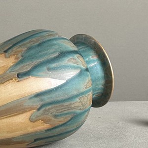Ribbed Drip-Glaze Ceramic Vase - Artisanal <strong>Teal</strong> &amp; Amber Decorative Vessel for Home - Product Image 3