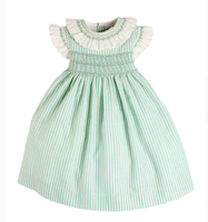 Robe décontractée pour fille OEM ODM en dentelle smockée, rayée verte et blanche, en coton, avec col à volants et manches flottantes, écologique et respirante pour enfants