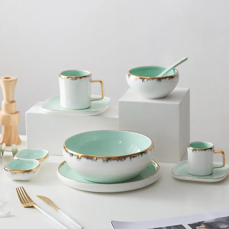 Hotsell Fashionable Light Green Porcelain Dinner Sets With Gold Trim Plates For Restaurant