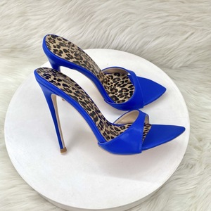 Ladies Summer Blue High <b>Heel</b> Sandals New Design Mule Shoes Pumps 12cm <b>Slippers</b> for Women Slip-On Closure <b>With</b> Leopard Sole - Product Image 3