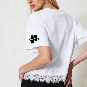 T-shirt court respirant en coton 100 % pour femme, coupe ample, col côtelé, couleur unie, broderie plate personnalisée de haute qualité - Product Image 4