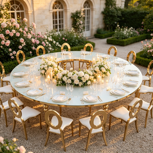 Foshan Sinoperfect Wholesale Gold Stainless Steel Round Circle Glass Mdf Top Dining Wedding <b>Table</b> for Event - Product Image 1