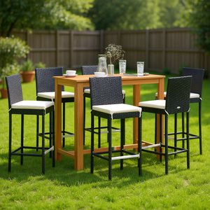 Conjunto de Bar de Jardín de Ratán Negro con Fundas Extraíbles, Muebles de Exterior para 5 Personas, Mesa de Teca, Diseño Contemporáneo - Product Image 2