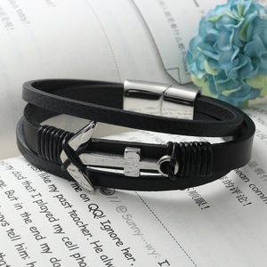 Anchor <b>Leather</b> <b>Bracelet</b> Black Stainless Steel Men's Gift Jewelry - Product Image 4
