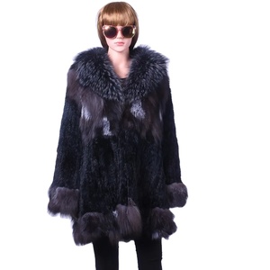 Manteau d'hiver en fourrure de renard de luxe MWFur pour femmes, manteaux d'hiver pour femmes, grande taille, poncho tendance, col en fourrure de lapin et de renard, tricot - Product Image 1