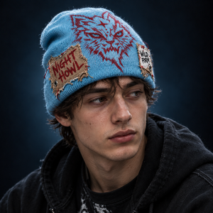 Gorro de punto con gráfico desgastado DYMF, bajo MOQ, con borde deshilachado, logo de patchwork, estilo punk Y2K, gorro holgado de invierno - Product Image 3
