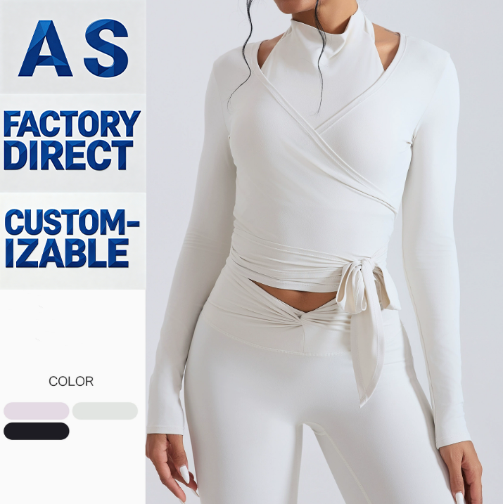 Women Halter V-neck Wrap Yoga Top Long Sleeve Side Tie Crop Lightweight Four-Way Stretch Breathable Workout Running Fitness