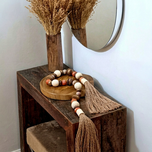 Décoration murale artisanale en bois avec pompon de perles, ornement suspendu bohème en perles, style nordique, pour chambre et salon - Product Image 1