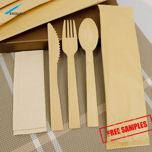 Fourchette cuillère couteau écologique résistant à la chaleur ensemble avec serviette en papier bambou boisé <span class=keywords><strong>couverts</strong></span> <span class=keywords><strong>jetables</strong></span> vente en gros - Product Image 4