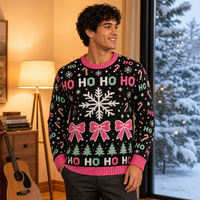 Pull en tricot HO HO personnalisé pour homme, Noël, noir, rose, motif canne à sucre, flocon de neige, ruban, nœud, arbre, intarsia, col rond, OEM ODM