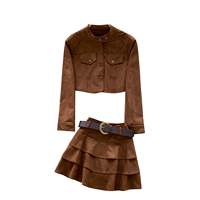 Ensemble jupe courte à volants et veste courte à manches longues en faux daim pour femme, automne-hiver, avec ceinture, tenue élégante en deux pièces