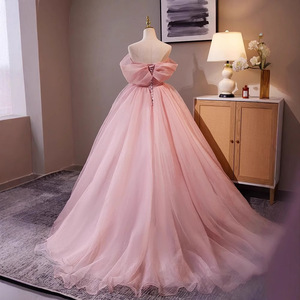 Pink Off The Shoulder Chiffon Ball Gown Empire Waist Evening Dress For Women - Product Image 4