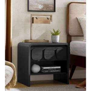 Modern Black Curved Edge Wooden <strong>Bedside</strong> <strong>Table</strong> with Single <strong>Circular</strong> Pattern Design Drawer and Open Shelves Nightstand for Bedroom - Product Image 2