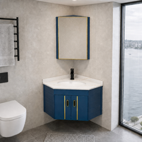 Meubles de salle de bain d'angle triangulaires en aluminium, unités de lavabo murales avec comptoir en pierre, lavabo bleu marine moderne pour petite salle de bain