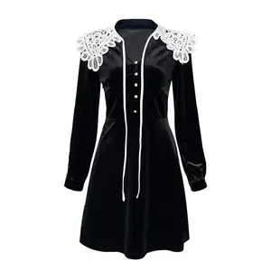 2024 Spring Autumn Lady Black Vintage Casual Wear Lace Peter Pan Collar V-neckline Long Sleeve Women Velvet Short Dress