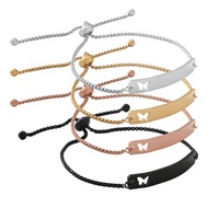 Bracelet en acier inoxydable poli miroir, barre incurvée en forme de papillon, chaîne réglable, rectangulaire, texte gravable, tendance