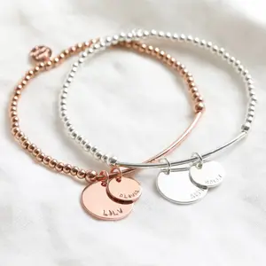 Mode Sieraden Fabrikant Zilver Rose Goud Kralen Armband Custom Dubbele Munt Grave Met Elastische Draad Gevlochten Armband