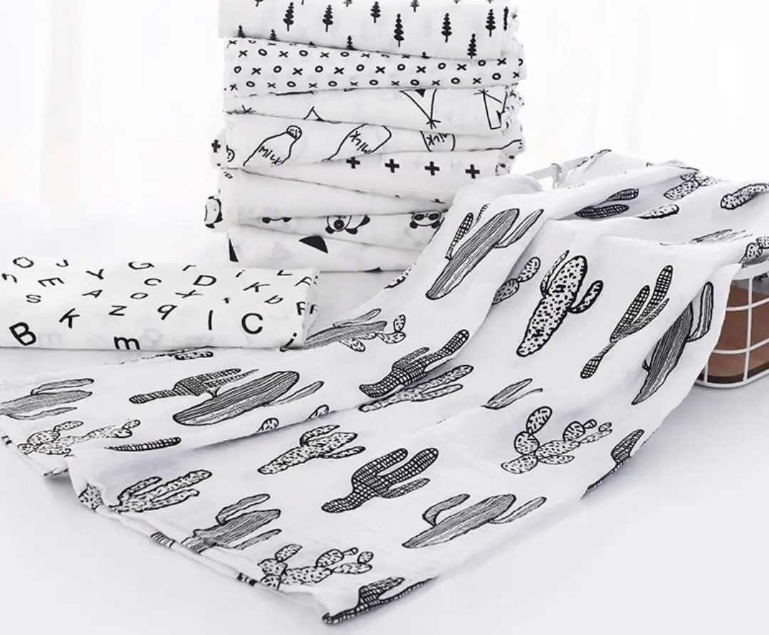Black and White Baby Muslin Swaddle Blankets Organic Cotton and Bamboo Newborn Baby Blankets