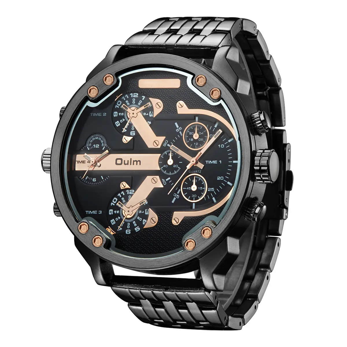 High Quality Oulm Metal Strap Big Dial Two Time Zone Wristwatches alloy metal band men Watches