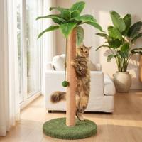 Griffoir pour chat en sisal, design palmier, grand modèle sur pied, avec jouet boule en jute suspendue, base en tapis vert