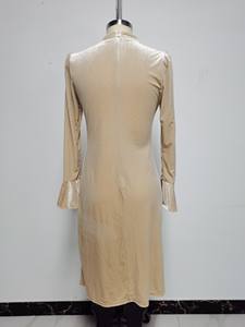 <span class=keywords><strong>Vestido</strong></span> <span class=keywords><strong>Midi</strong></span> Casual de Verano para Mujer, Tejido Ecológico, Cintura Natural, Cuello Redondo, Manga Larga, Color Champán, en Oferta - Product Image 4