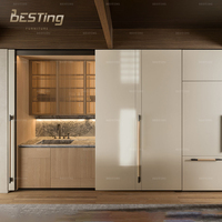 Cuisine modulaire en bois de chêne teinté moderne Villa de Copenhague, îlot en résine de pierre calcaire en acier inoxydable, prêt à l'emploi
