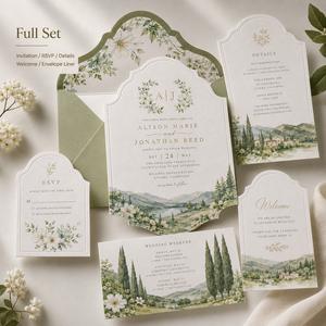 Set di Inviti Matrimoniali Personalizzati Stile Campagna Italiana, Design Elegante con Colline ad Acquerello e Motivi Floreali, con Monogramma in Lamina d'Oro - Product Image 5