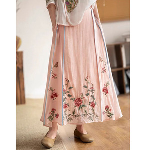 Chinese Style Embroidery A-Line Midi Skirt Women Elastic Waist Chiffon Apricot Pink Traditional Skirt Comfortable Spring Summer - Product Image 1