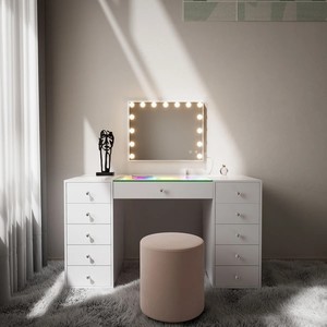 Coiffeuse avec prise de courant et miroir éclairé, bureau de coiffeuse avec 11 tiroirs, plateau en verre, lumières d'ambiance RVB réglables pour la chambre à coucher - Product Image 1