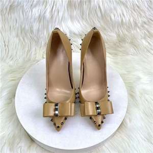 Clouté Rivet Bow Scarpe Donna Hiver Travail Chaussures pour Femmes Talons Minces D'orsay Pompes Slip-On PU Haute Stiletto <span class=keywords><strong>Tacco</strong></span> Alto Pompes - Product Image 4