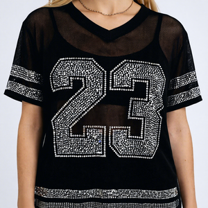 Women's Black <b>Mesh</b> V-Neck Jersey With <b>Rhinestone</b> Number 23 Short Sleeve Breathable Polyester Sport <b>Top</b> - Product Image 1