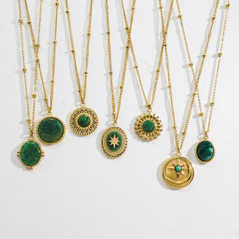 New Arrival Fine Jewelry Pendants Charms Green Natural Stone Beads Necklace 316l Stainless Steel Jewelry