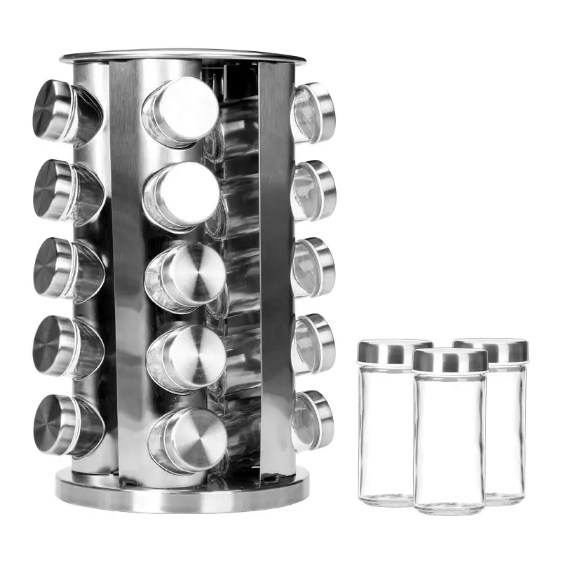 Stainless Steel Spice Jar Revolving Spice Seasoning Bottle Rack Organizer With 20 Glass Jar Bottles