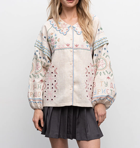 Women Embroidered <b>Linen</b> Cotton Shirt V-Neck Full Sleeve Floral Pattern Loose Fit Spring <b>Top</b> Button Closure - Product Image 2
