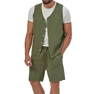 2023 Summer Cotton and Linen Suit men's Casual Sports Fashion Loose Sleeveless Cardigan Shorts Quick-drying Two-piece Suit