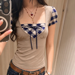 Simple Summer Eco-Friendly Plaid Contrast Color Patchwork Casual Short Sleeve T-<b>Shirt</b> Top for Women - Product Image 3