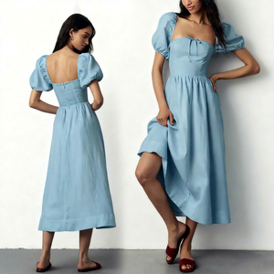Robes d'été personnalisées pour femmes, style léopard froncé, taille haute, coupe trapèze, écologiques, à manches bouffantes, longueur midi, OEM ODM - Product Image 1