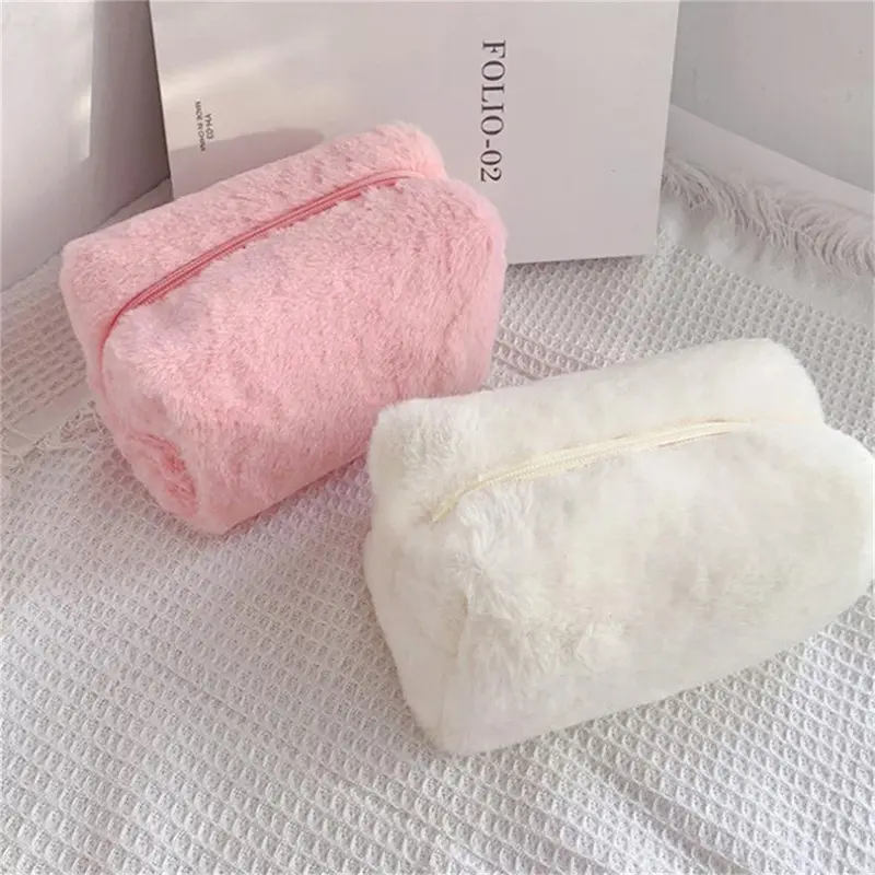 Custom Women Cute Terry Cloth Plush Puffy Fluffy Fuzzy Makeup Cosmetic Storage Bag Color Travel Pencil Pouch Coin Purse Case