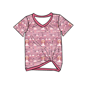เสื้อยืดเด็กผู้หญิงคอวี แขนสั้น พิมพ์ลายทั่วตัว รุ่น Milk Silk  แบบผูกชายเสื้อ  OEM ODM รับผลิตเสื้อยืดเด็กแบบลำลองตามสั่ง - Product Image 5