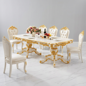 European Antique Carved Dining Table and Chair Set 6 Seater White Gold Finish <b>Marble</b> <b>Top</b> Wood Legs Stable Home Furniture - Product Image 1