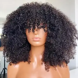 Machine Made Full Density No Lace Curly Bob With Bang Human Hair Wigs Double Drawn Human Hair Curly Bob No Lace Wig For Women