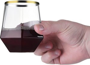 Verres à vin sans pied en forme de diamant BST, 12 oz, bordure dorée, transparents, écologiques, jetables, lot en vrac - Product Image 2