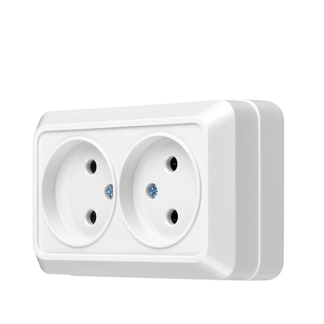 Surface Mounting EU Standard ABS Fireproof Material IP20 German Type Electric Double Wall Socket with Earth Light Wall Switch