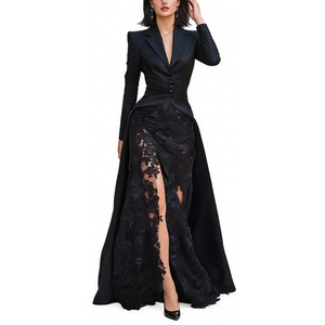 Robe de soirée noire en satin pour femme - Robe longue formelle à fente haute et dentelle - Mode - Product Image 1