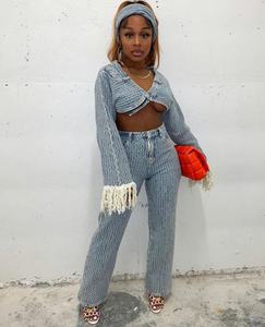 OUDINA高级时尚长袖流苏短款夹克2件套牛仔牛仔裤女两件套牛仔套装 - Product Image 1