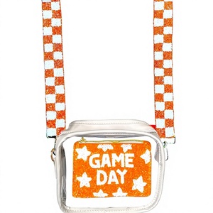 Bolso Bandolera CRYSTAL CRAFT para el Día del Partido, Correa a Cuadros Naranja, Cuerpo Transparente con Cuentas, Accesorio Vintage Ecológico y a la Moda - Product Image 1