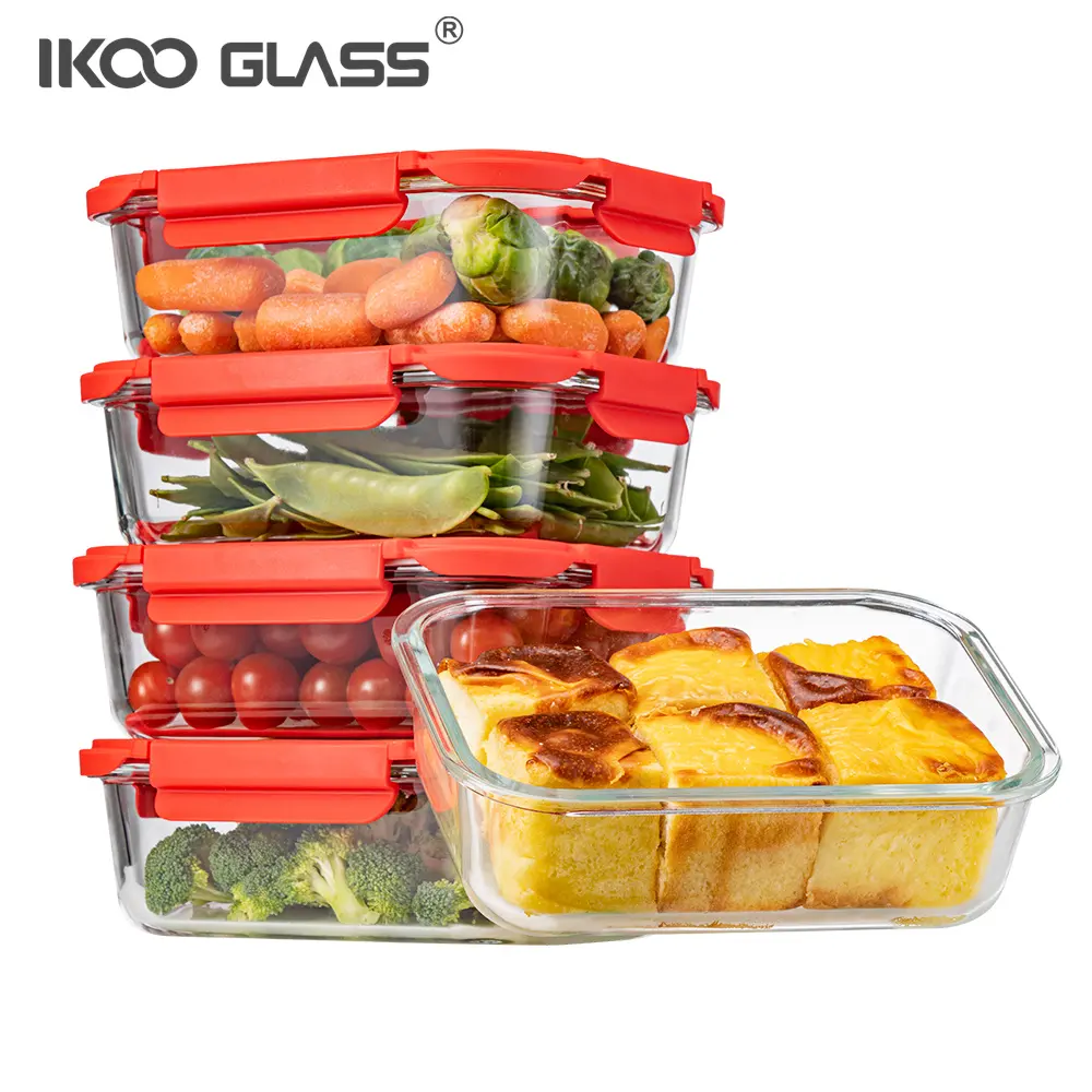 IKOO OEM/ODM Personalizado Lancheira De Vidro Recipiente De Alimento Conjunto Com Compartimento Para Recipiente De Alimento De Armazenamento De Cozinha