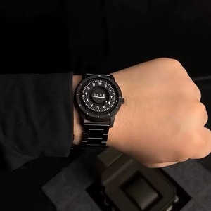 Montre homme SABR à mouvement à quartz, bracelet en acier inoxydable, <span class=keywords><strong>cadran</strong></span> <span class=keywords><strong>noir</strong></span> arabe, aiguille à défilement, boule magnétique - Product Image 1